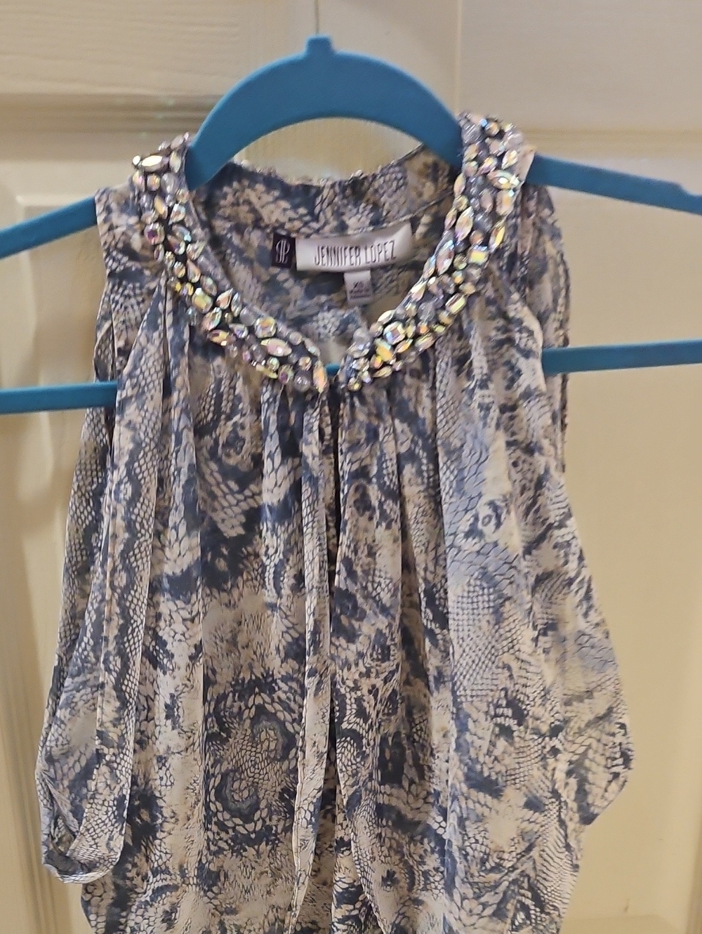 Jennifer Lopez Blue Snake-Print Halter Camisole with Jeweled Neckline